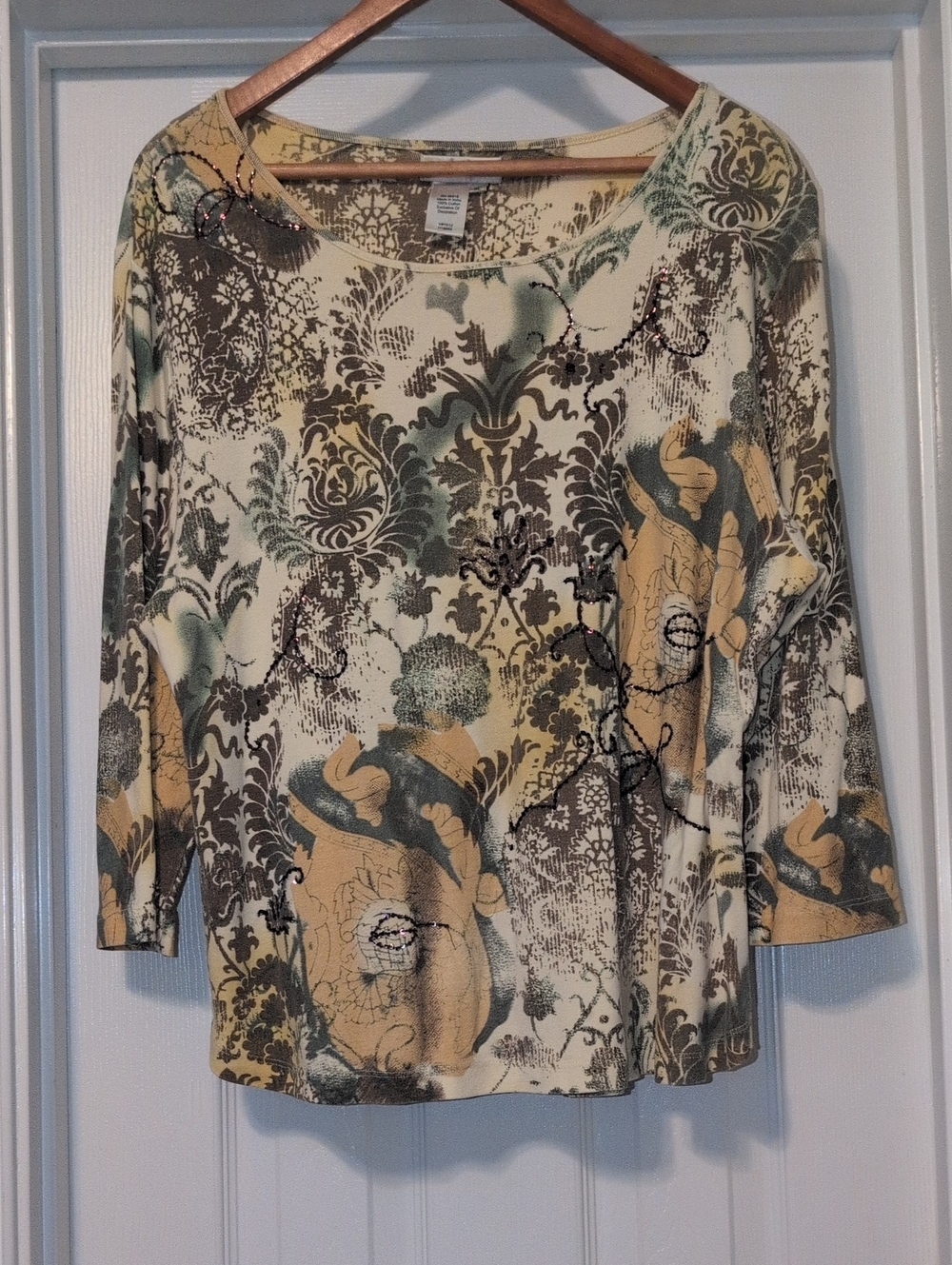 Coldwater Creek Printed Scoop Neck Long Sleeve Top in Cream, Yellow & Green